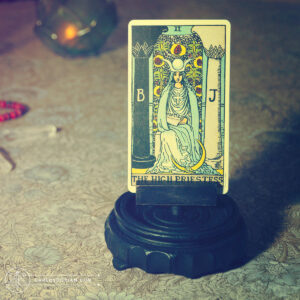 Tarot Oracle Card display holder stand altar vintage wood Black Raider Waite Smith High Priestess