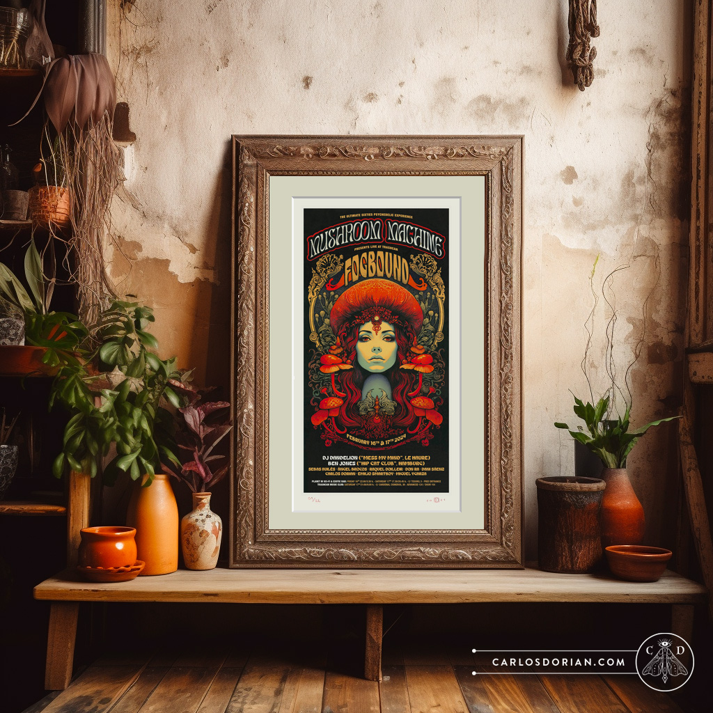 Mushroom Machine Poster Psychedelic Sixties Giclée Art Print Ink Drawing Watercolor Wes Wilson Victor Moscoso