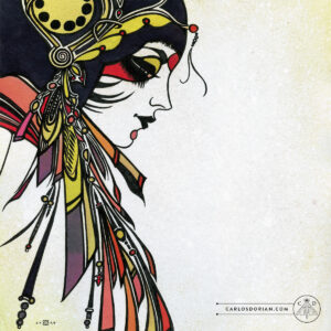 "Bijin I" Ink Drawing Watercolor Boho Psychedelic Art Deco