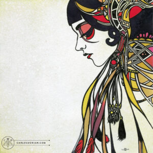 "Bijin II" Ink Drawing Watercolor Vintage Bohemian Psychedelic Art Nouveau